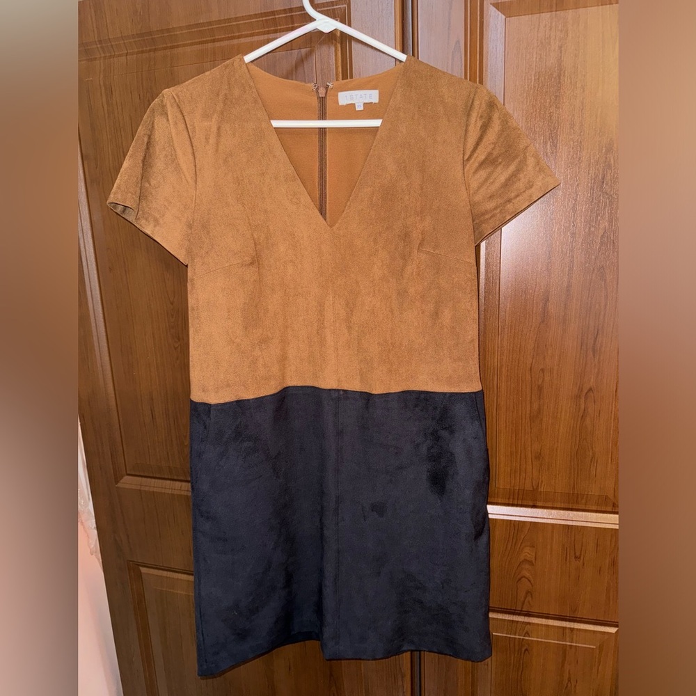 1. State Faux Suede Color Block Shift Dress (Brown & Navy)
